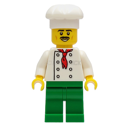 LEGO Minifigure - Chef - White Torso with 8 Buttons, No Wrinkles Front or Back, Green Legs, White Chef Toque [CITY]