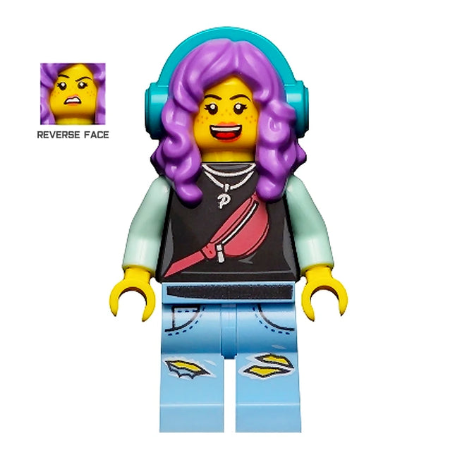 LEGO Minifigure - Parker L. Jackson - Black Top, Headphones, Open Mouth Smile/Disgusted (2020) [HIDDEN SIDE]