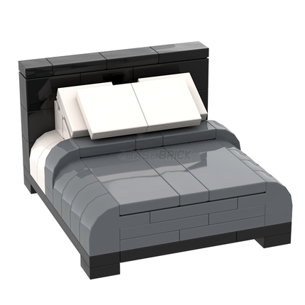 LEGO "Modern Double Bed" - Black-frame, Grey/White Sheets, Bedside Table, Dresser [MiniMOC]