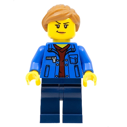 LEGO Minifigure - Female, Blue Jacket over Dark Red V-Neck Sweater, Ponytail [CITY]