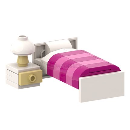 LEGO "Children's Bed" - Single White-frame Bed, Megenta/Dark Pink Sheets, Bedside Table [MiniMOC]