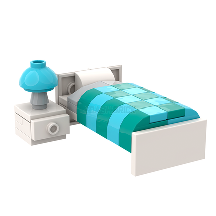 LEGO "Children's Bed" - Single White-frame Bed, Dark Turquoise/Azure Sheets, Bedside Table [MiniMOC]