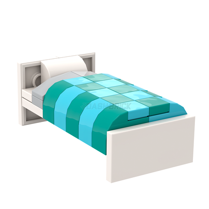 LEGO "Children's Bed" - Single White-frame Bed, Dark Turquoise/Azure Sheets, Bedside Table [MiniMOC]