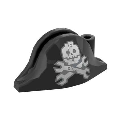 LEGO Minifigure Part - Hat, Pirate Bicorne, Silver Skull with Half Mask, Wrenches Crossbones, Black [2528pb13]