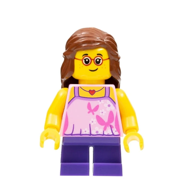 LEGO Minifigure - Girl, Beachgoer, Glasses, Pink Top, Purple Legs (2017) [CITY]