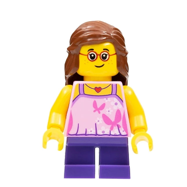 LEGO Minifigure - Girl, Beachgoer, Glasses, Pink Top, Purple Legs (2017) [CITY]