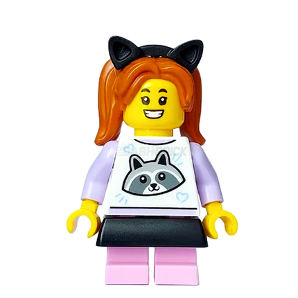 LEGO Minifigure - Child - Girl, White Top with Raccoon, Pigtails, Black Skirt, Cat Ears [CITY] Limited Edition