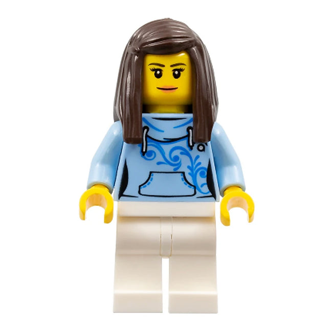 LEGO Minifigure - Female, Bright Light Blue Hoodie with Swirl Flower Pattern, Dark Brown Hair (2017) [CITY]