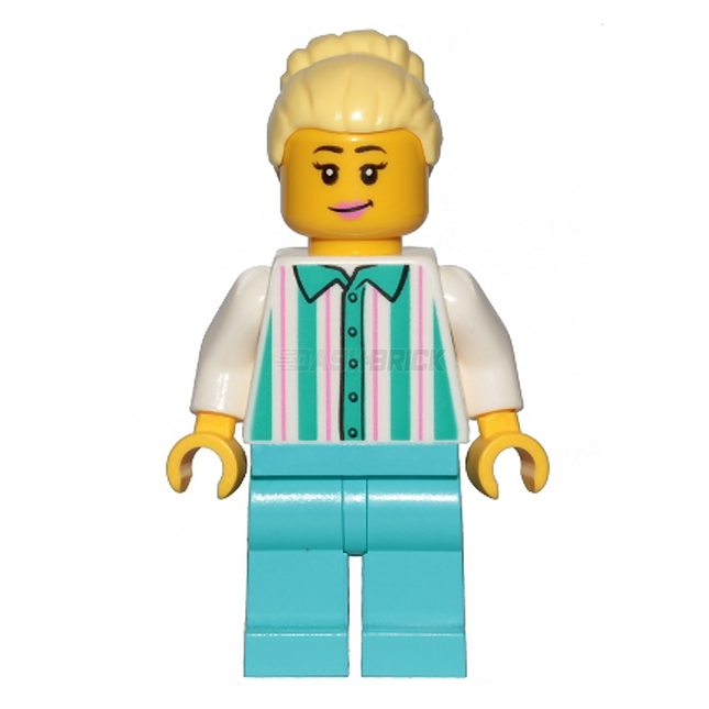 LEGO Minifigure - Female - Fairground Employee, Light Hair with High Bun, White Shirt with Stripes [CITY]