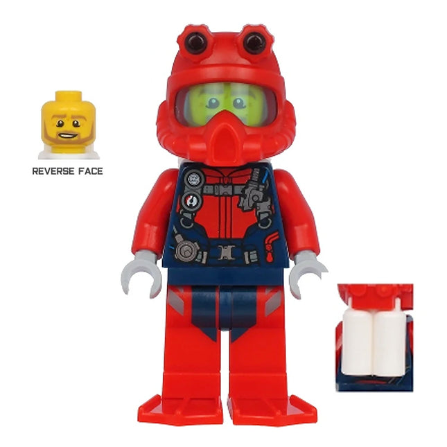 LEGO Minifigure - Male, Scuba Diver, Beard, Red Helmet, Tanks, Red Flippers (2020) [CITY]