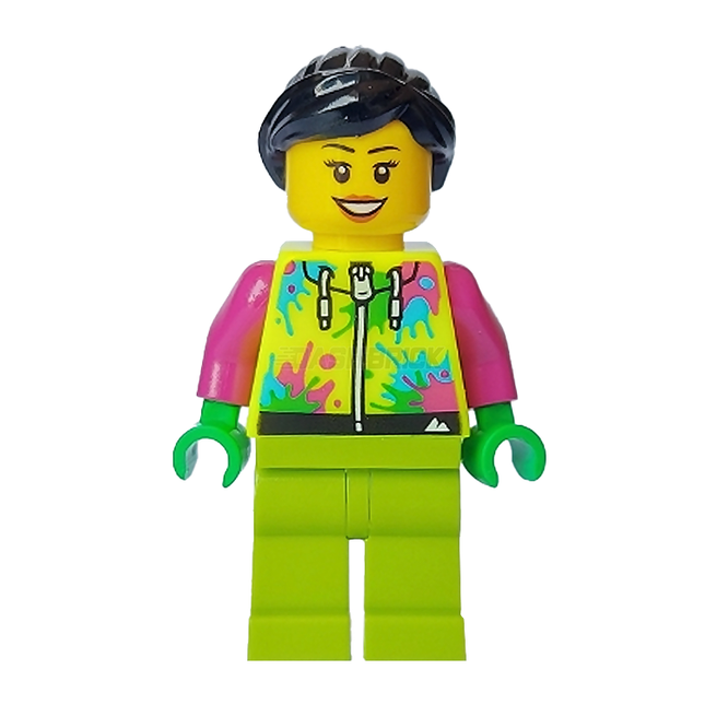 LEGO Minifigure - Female, Neon Yellow Jacket with Paint Splotches, Lime Legs, Black Hair [CITY]