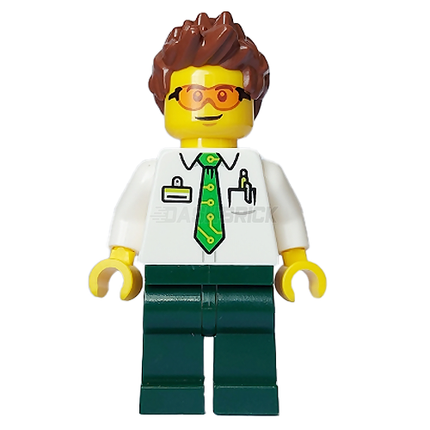 LEGO Minifigure - Male, White Shirt, Green Tie, Spiked Hair, Safety Glasses [CITY]