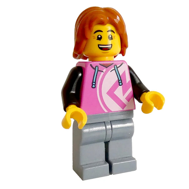 LEGO Minifigure - Male, Dark Pink Hoodie, Sand Blue Legs, Dark Orange Hair [CITY]