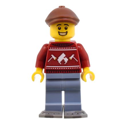 LEGO Minifigure - Man - Dark Red Holiday Sweater, Flat Cap, Snowshoes [CITY]