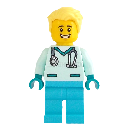 LEGO Minifigure - Doctor - Male, "Dr. Spetzel", Scrubs, Light Yellow Hair [CITY]