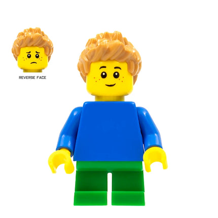 LEGO Minifigure - Child - Boy, Blue Torso, Green Short Legs, Spiked Hair, Freckles (2021) [CITY]