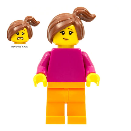 LEGO Minifigure - Female, Magenta Torso, Orange Legs, Side Ponytail (2021) [CITY]