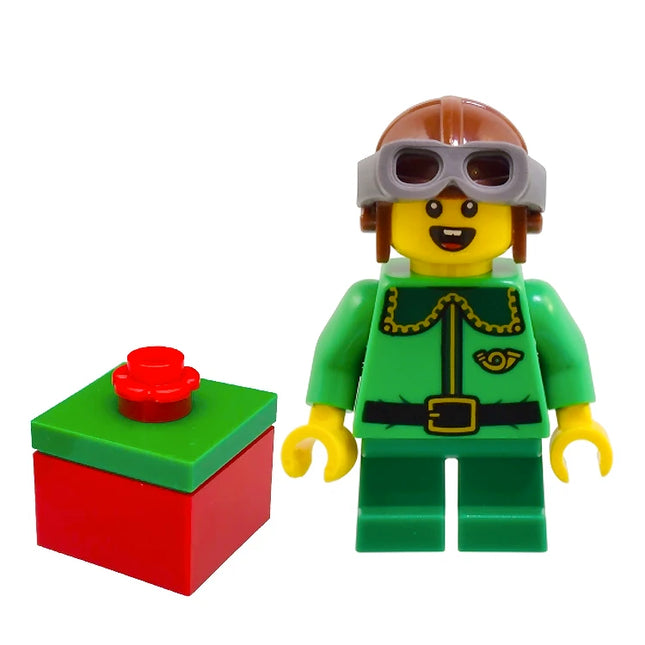 LEGO Minifigure - Santa's Elf - Dark Green Collar and Gold Horn, Reddish Brown Helmet, and Dark Bluish Gray Goggles (2024) [Christmas]