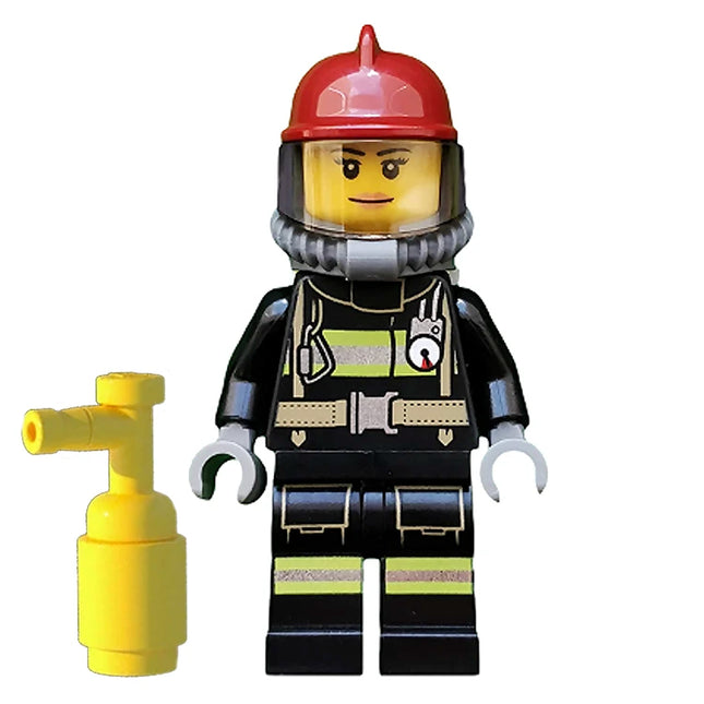LEGO Minifigure - Female, Fire Fighter - Reflective Stripes with Utility Belt, Breathing Neck Gear with Air Tanks, Smile (2015) [CITY]