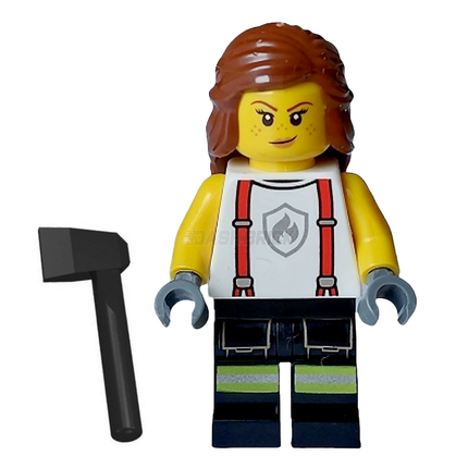 LEGO Minifigure - Female, Firefighter, White Shirt with Suspenders, Legs with Reflective Stripes, Reddish Brown Hair with Braid [CITY]