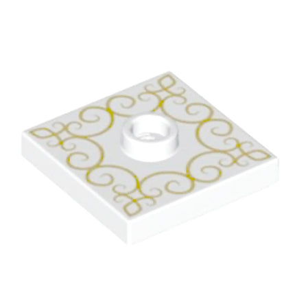 LEGO Plate, Modified 2 x 2, 1 Stud in Center, Gold Filigree, White [87580pb002] 6288364