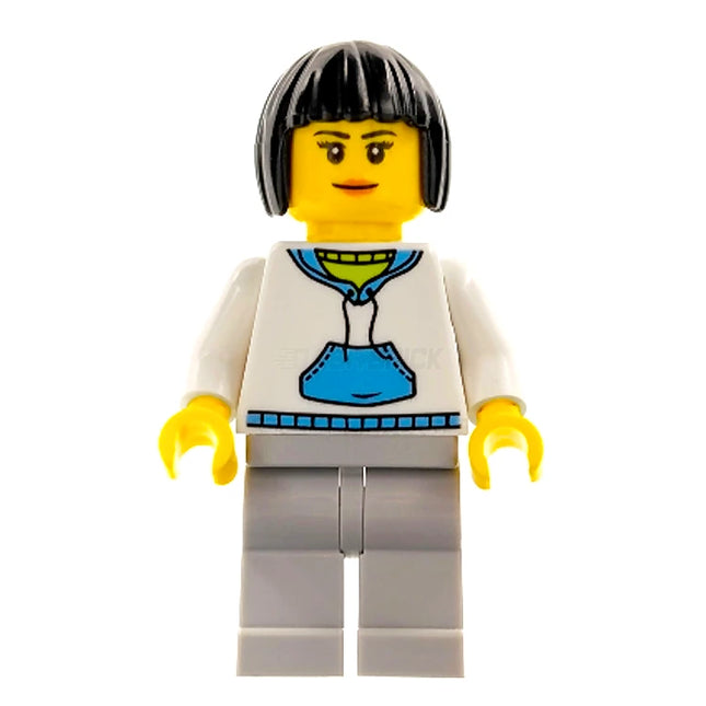 LEGO Minifigure - Female, Black Hair, White Hoodie, Blue Pocket (2020) [CITY]
