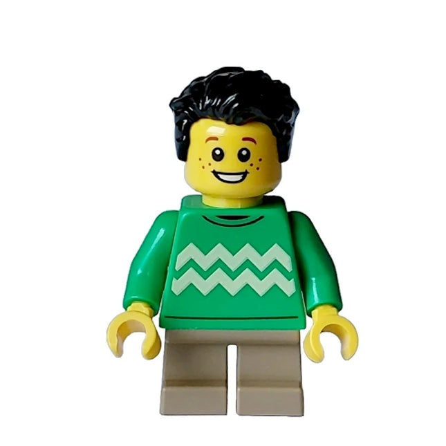 LEGO Minifigure - Child - Boy, Bright Green Sweater, Zigzag Lines, Tousled Hair, Freckle [CITY]