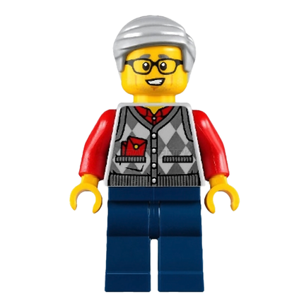 LEGO Minifigure - Grandfather, Argyle Cardigan over Red Shirt, Gray Hair (2021) [CITY]