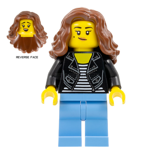 LEGO Minifigure Woman Black Jacket Striped Shirt Brown Long Hair DASHBRICK