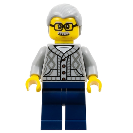 LEGO Minifigure - Man - Gray Knit Cable Cardigan Sweater, Gray Hair, Glasses [CITY]