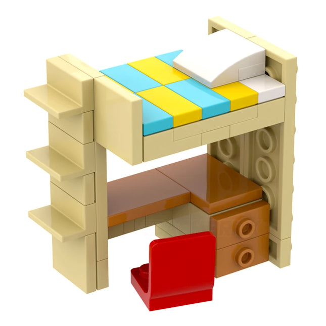 LEGO "Student Loft Bed" - Tan Frame, Work Desk, Coloured Sheets [MiniMOC]