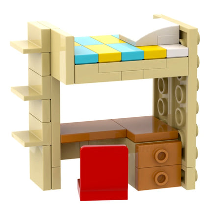 LEGO "Student Loft Bed" - Tan Frame, Work Desk, Coloured Sheets [MiniMOC]