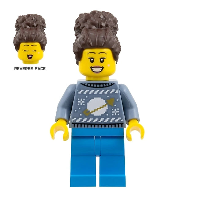 LEGO Minifigure - Female, Sand Blue Space Holiday Sweater, Coiled Hair with Bun (2025) [Limited Edition]