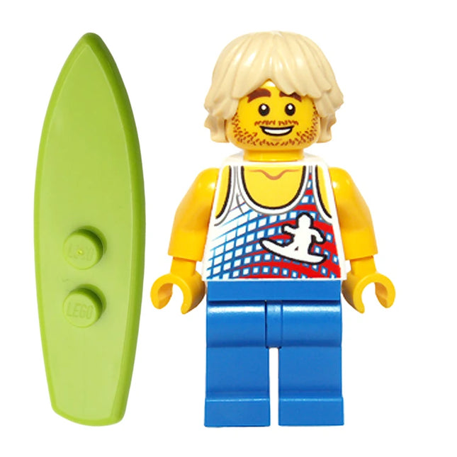 LEGO Minifigure - Male, Surfer, Tank Top, Tan Wavy Hair, Surfboard (2014) [CITY]