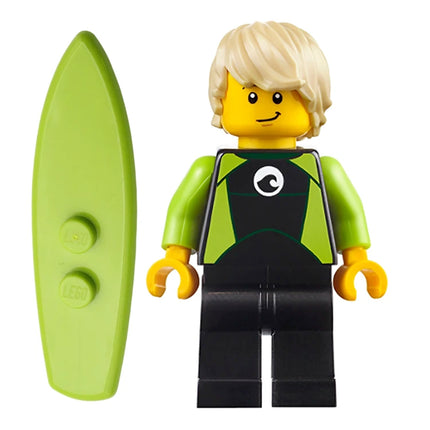 LEGO Minifigure - Male, Surfer in Black and Lime Wetsuit, Tan Wavy Hair, Surfboard (2017) [CITY]