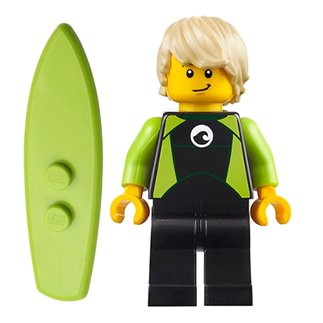 LEGO Minifigure - Male, Surfer in Black and Lime Wetsuit, Tan Wavy Hair, Surfboard (2017) [CITY]