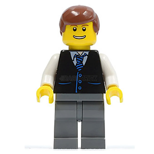 LEGO Minifigure - Male, Black Vest with Blue Striped Tie, Smile (2010) [CITY]