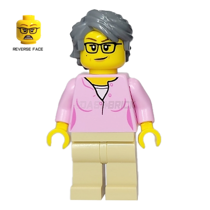 LEGO Minifigure - Woman, Pink Shirt, Gray Swept Back Tousled Hair [CITY]