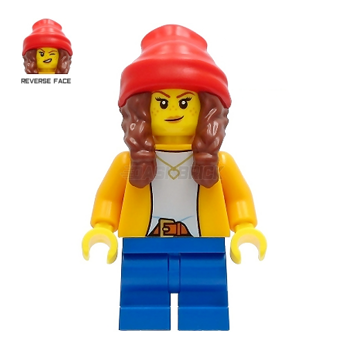 LEGO Minifigure Girl, Orange Jacket, Blue Medium Short Legs, Red