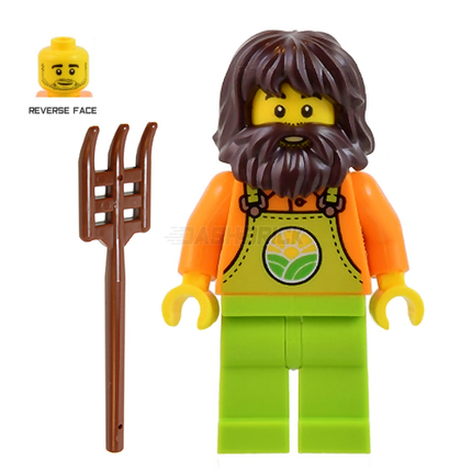 LEGO Minifigure - Farmer, Male, Lime Overalls over Orange Shirt, Long Beard [CITY]