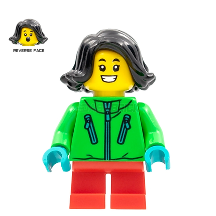 LEGO Minifigure - Child Girl, Green Winter Jacket, Black Hair, Red Short Legs [CITY]
